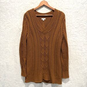 LL Bean Signature Sweater Tunic Fisherman Cable Knit Golden Brown Rust M Cotton